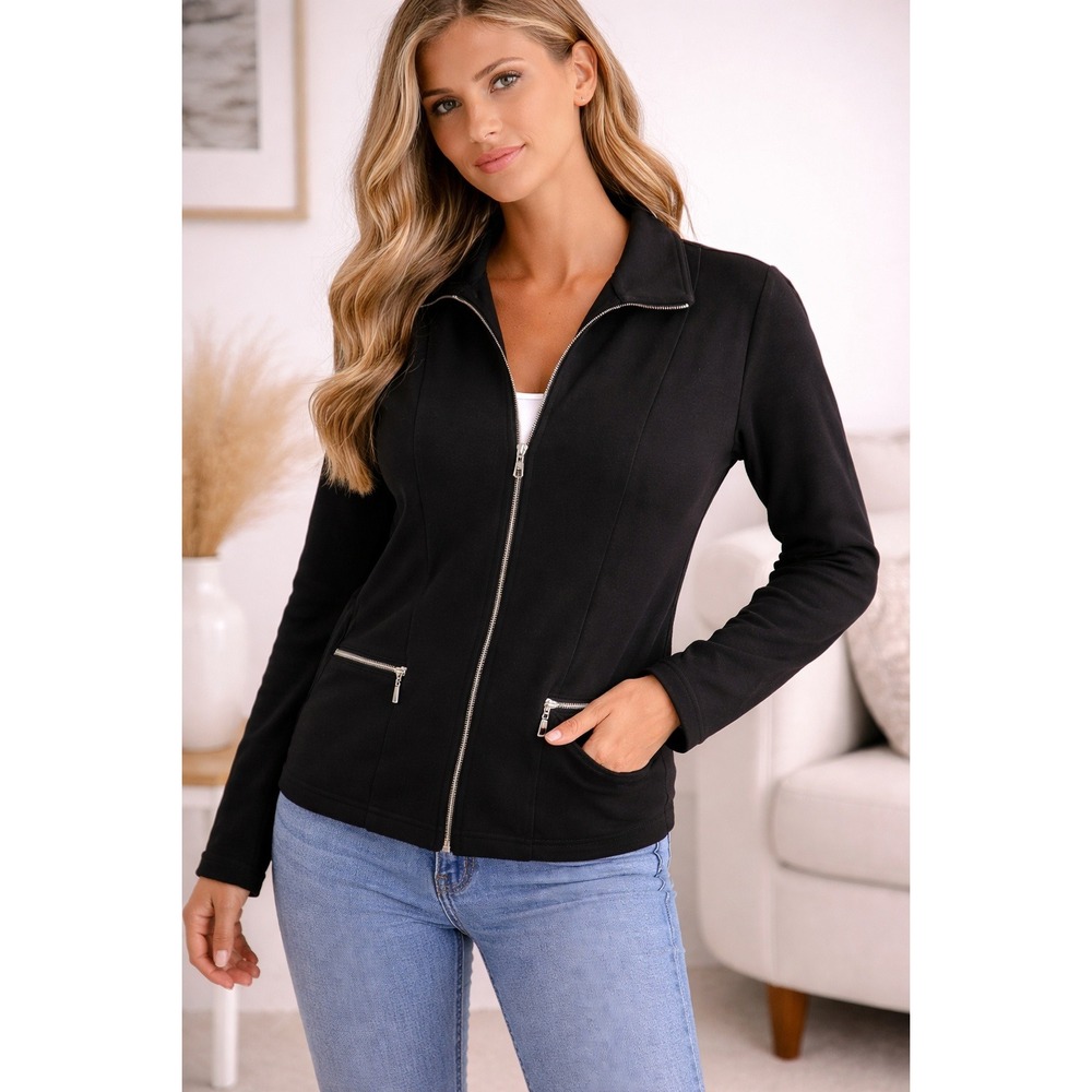 Marks & Spencer Black Zip Up Jacket Size 12 UK 14 Ponte Knit Blazer Professional